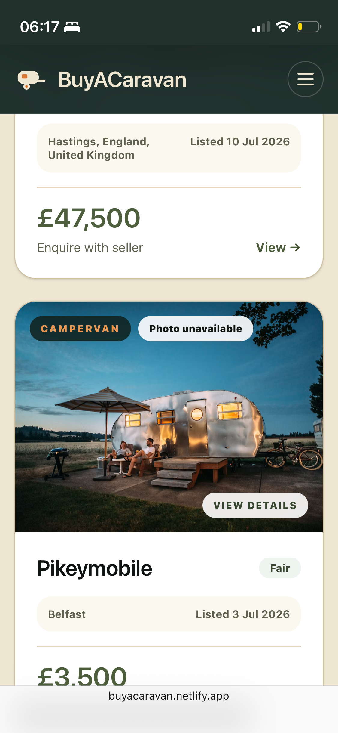 BuyACaravan marketplace listings interface